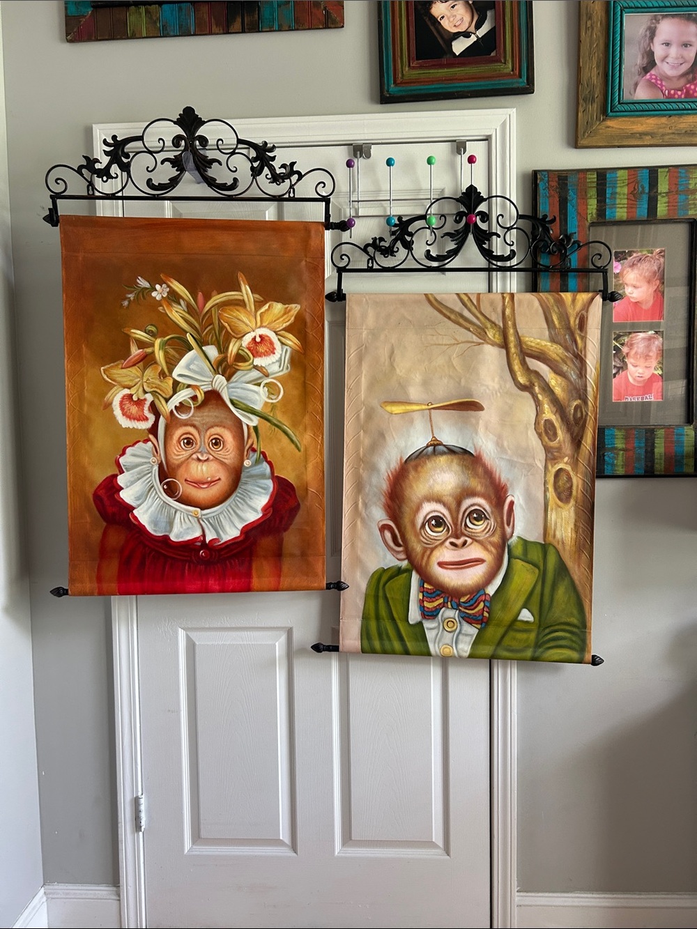 Whimsical Monkey Wall Art Panels in Brown, Green, Red